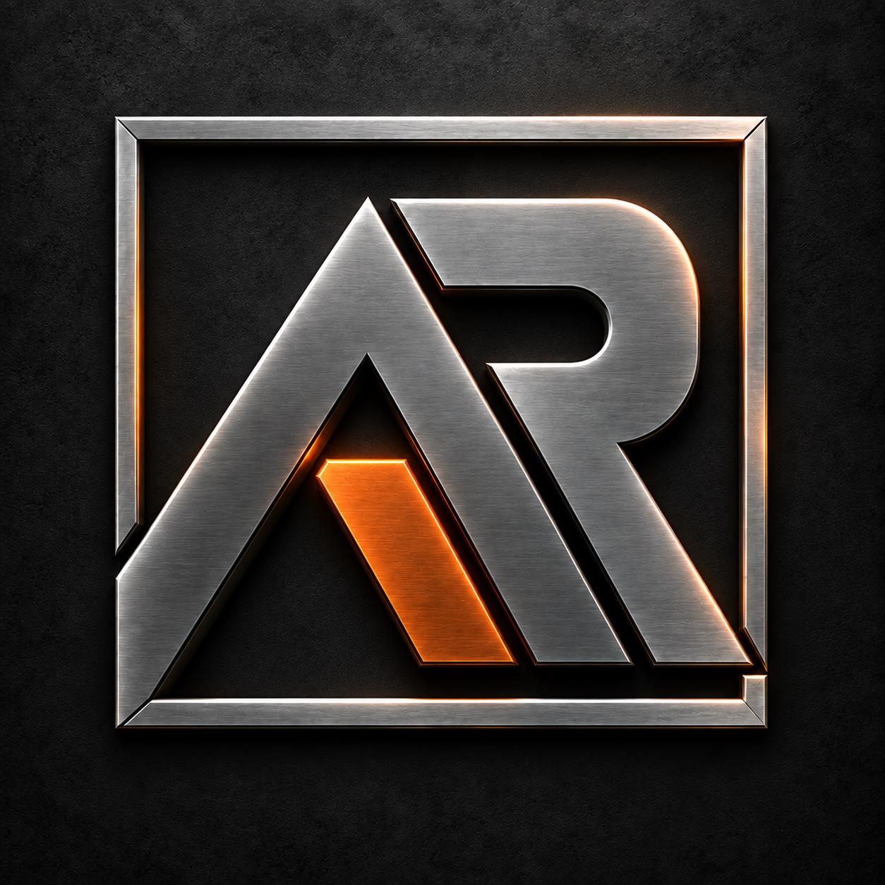Kovové logo AR s oranžovým detailem